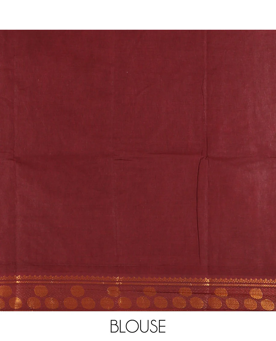 Rust orange plain sungudi cotton saree, contrast big rudraksham motifs woven border, striped pallu, and a contrast plain blouse - Image 3