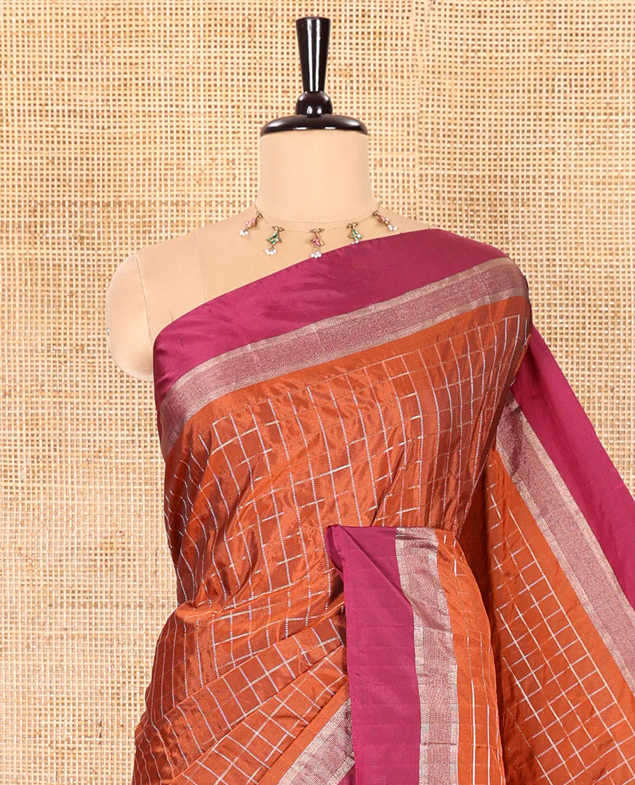 Rust Orange Semi-Soft Silk Saree Accentuated with Micro-Checks, Complemented with a Contrast Zari Design Border, Subtly Sparkled Zari Striped Pallu, and Paired with a Matching Blouse - Image 2