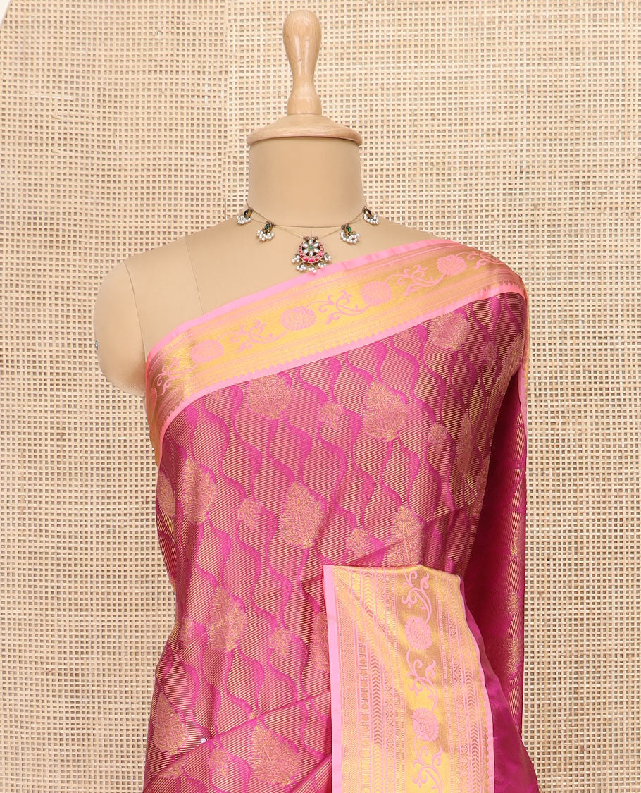 Rust Orange Semi-Soft Silk Saree Featuring Zari Ogee Patterns, Complemented by a Contrast Traditional Zari Border, Grandly Woven Pallu of Intricate Designs, and Paired with a Contrast Blouse - Image 2