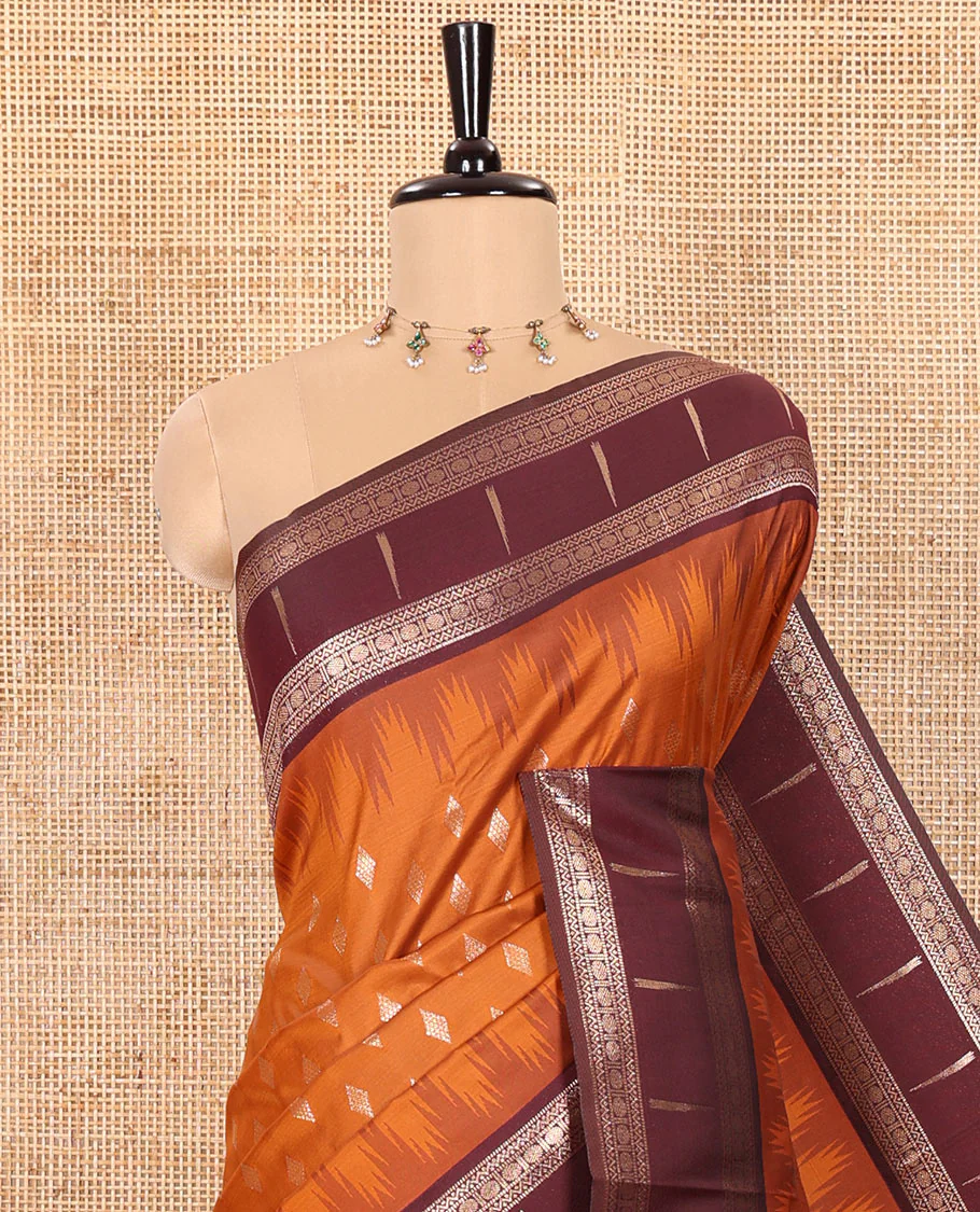Rust Orange Soft Silk Saree Embellished with Diamond Buttas Woven All Over Its Body, Highlighted with a Contrast Traditional Zari Design Temple Border, Meticulously Woven Pallu of Intricate Designs, and Paired with a Contrast Zari Design Blouse - Image 2
