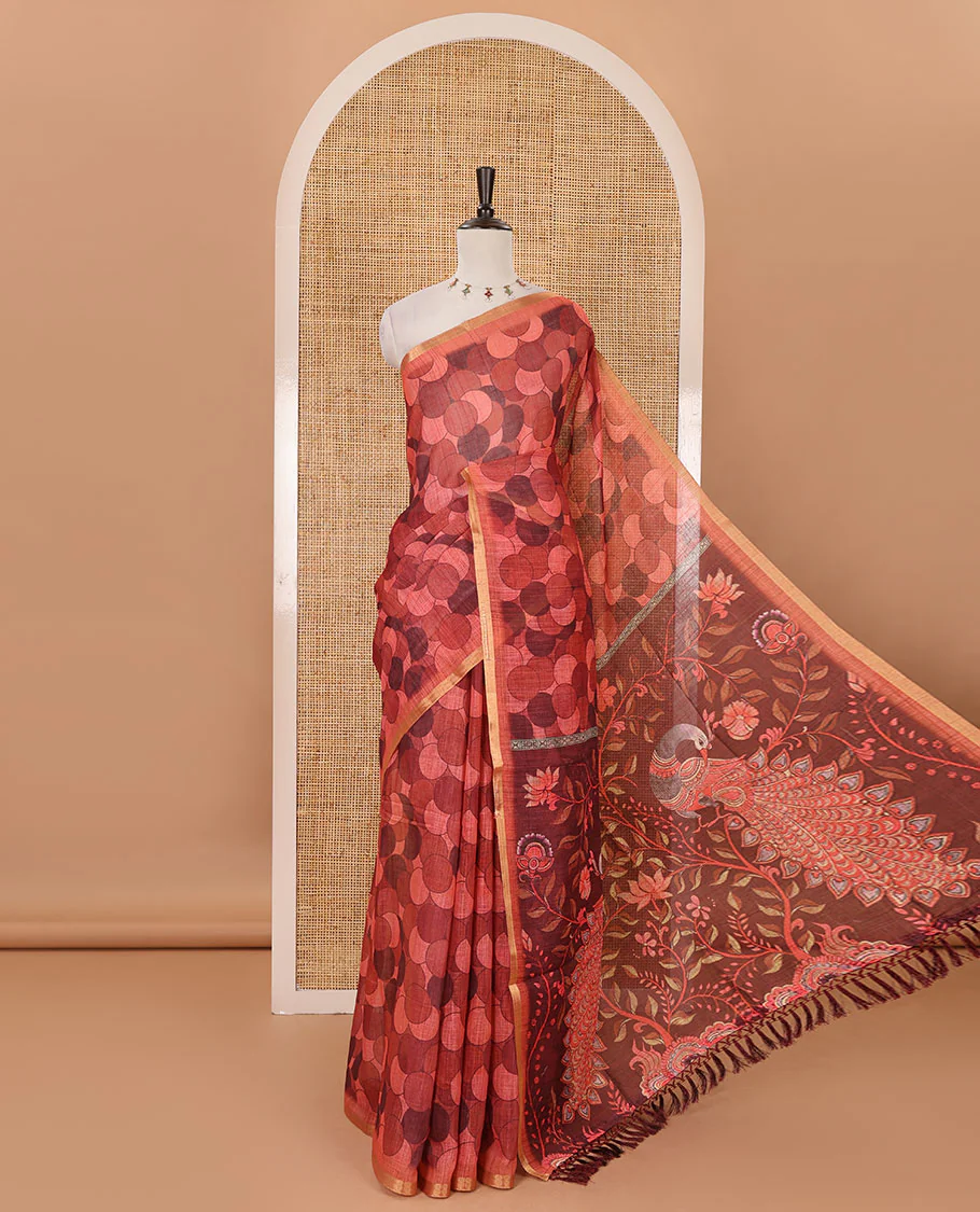 Rust polka dots printed linen cotton saree, piping border, kalamkari floral-peacock printed pallu & small polka dots printed blouse