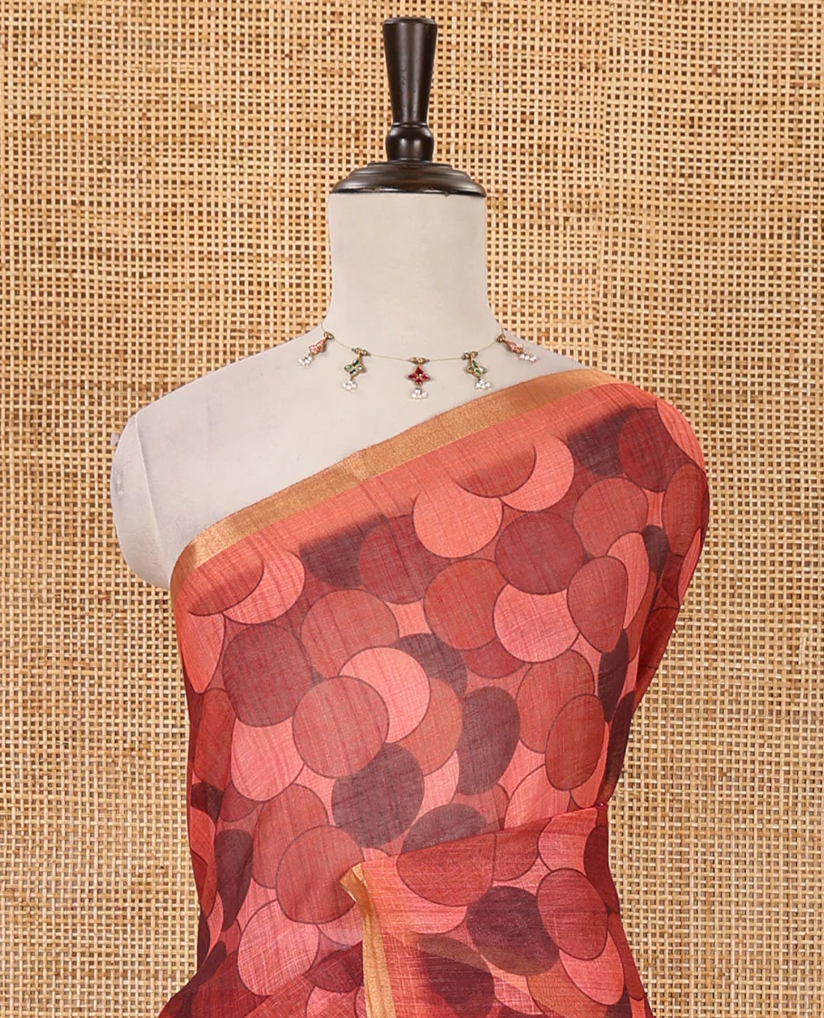 Rust polka dots printed linen cotton saree, piping border, kalamkari floral-peacock printed pallu & small polka dots printed blouse - Image 3