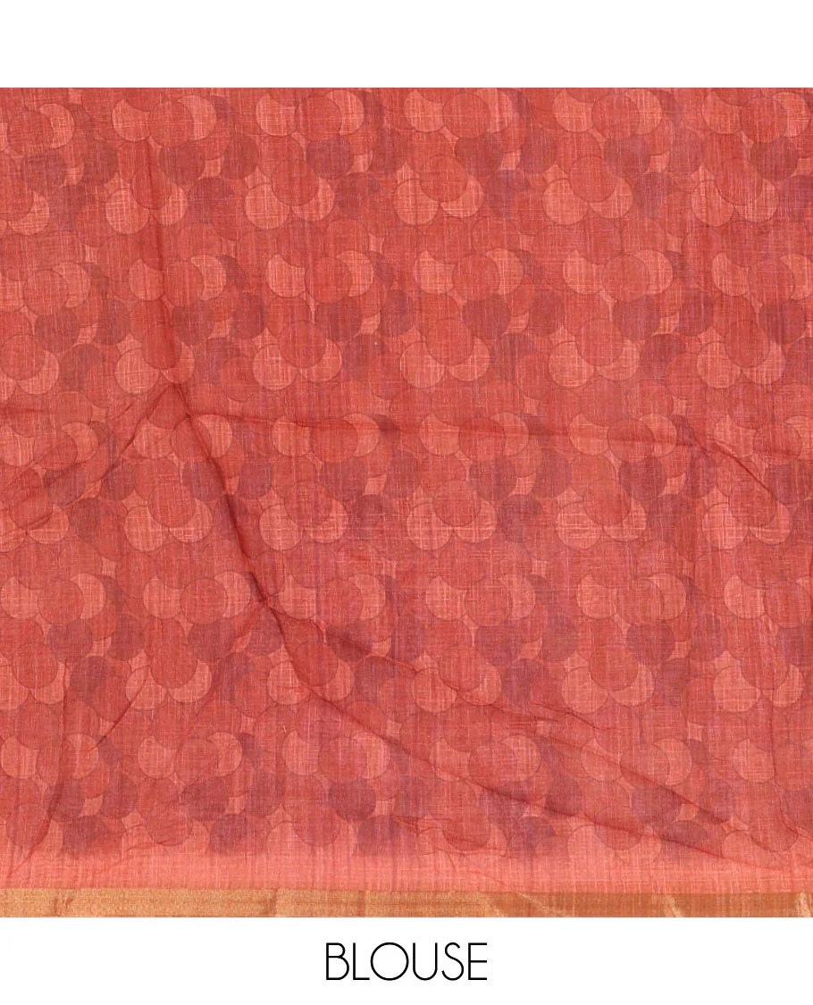 Rust polka dots printed linen cotton saree, piping border, kalamkari floral-peacock printed pallu & small polka dots printed blouse - Image 4