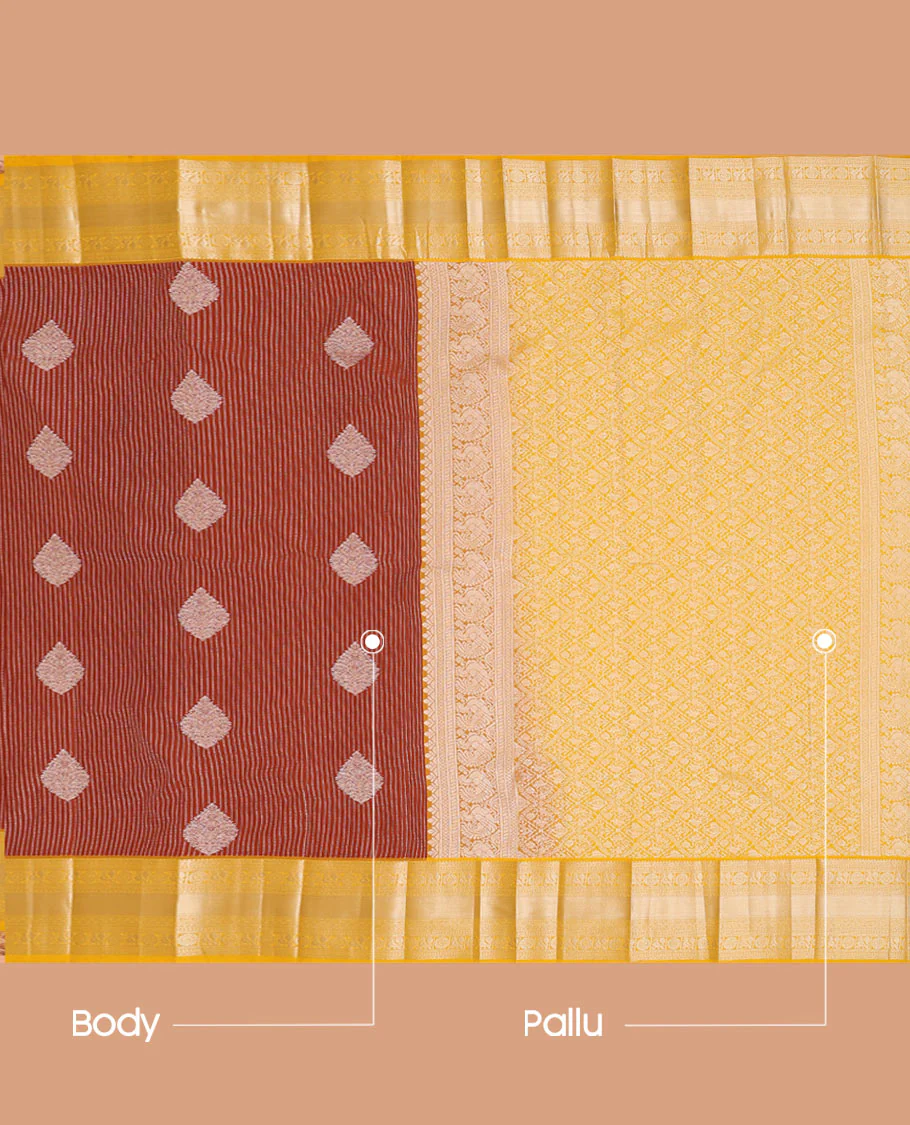 Rust striped and buttas budget silk saree, contrast traditional zari border, and jaal pallu - Image 3