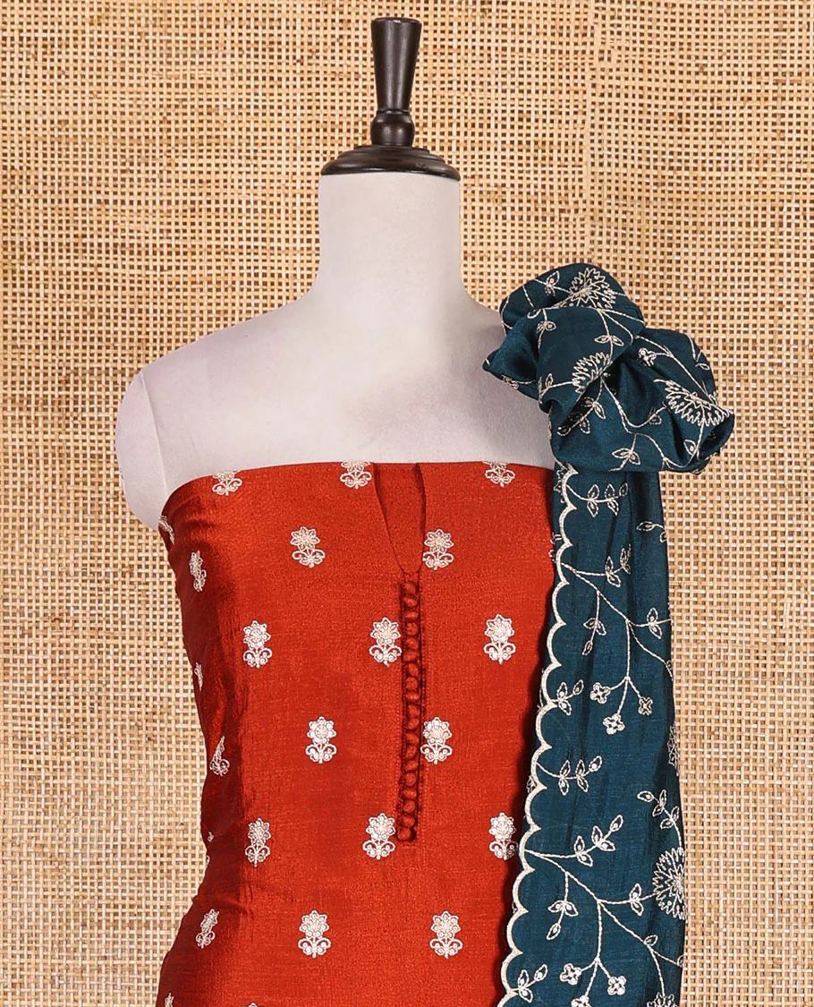 Rust Vichitra silk material churidar set, floral motifs embroidered top, contrast Santoon bottom, and floral vine thread embroidered scallop dupatta - Image 3