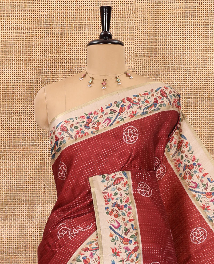 Rust zari buttas and bandhani dotted fancy tussar saree, contrast floral and bird printed border, striped pallu, and a matching blouse - Image 2