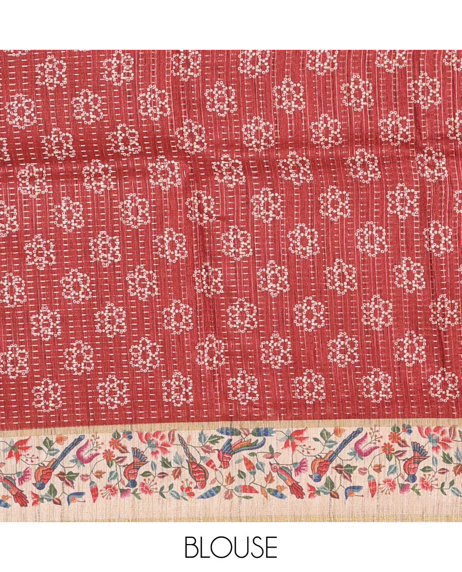 Rust zari buttas and bandhani dotted fancy tussar saree, contrast floral and bird printed border, striped pallu, and a matching blouse - Image 3