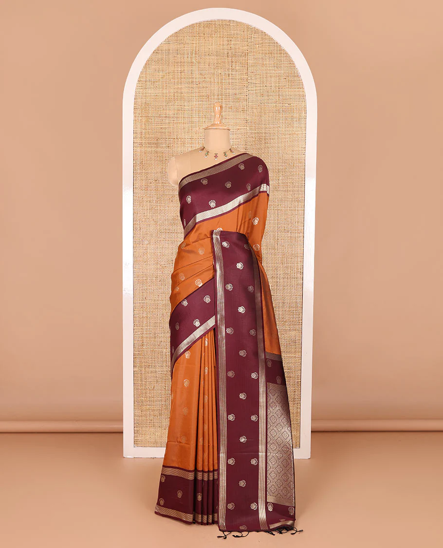 Rust zari buttas soft silk saree, contrast zari border of intricate designs, zari-rich jaal pallu, and a contrast zari design blouse - Image 2
