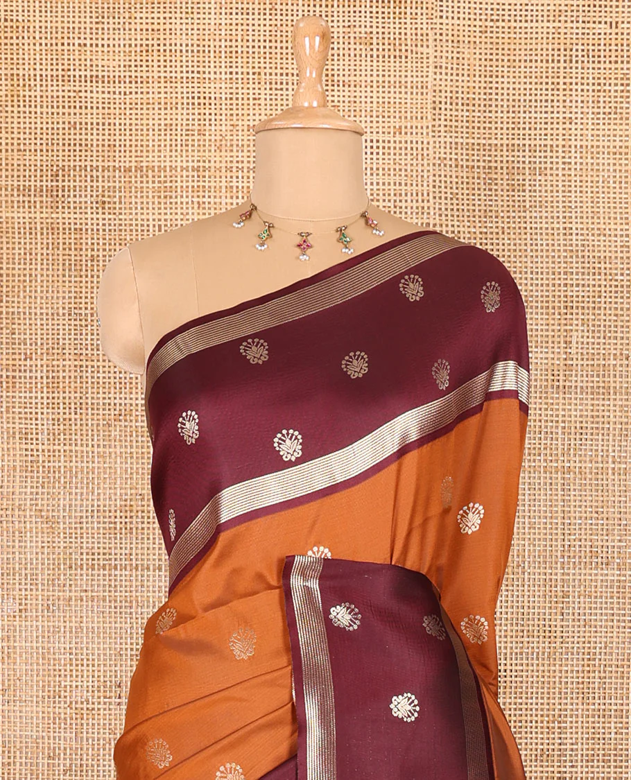 Rust zari buttas soft silk saree, contrast zari border of intricate designs, zari-rich jaal pallu, and a contrast zari design blouse - Image 3