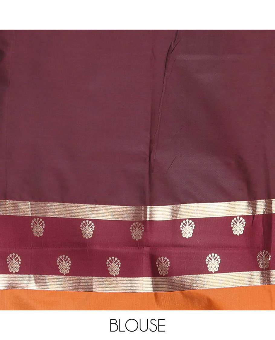 Rust zari buttas soft silk saree, contrast zari border of intricate designs, zari-rich jaal pallu, and a contrast zari design blouse - Image 4