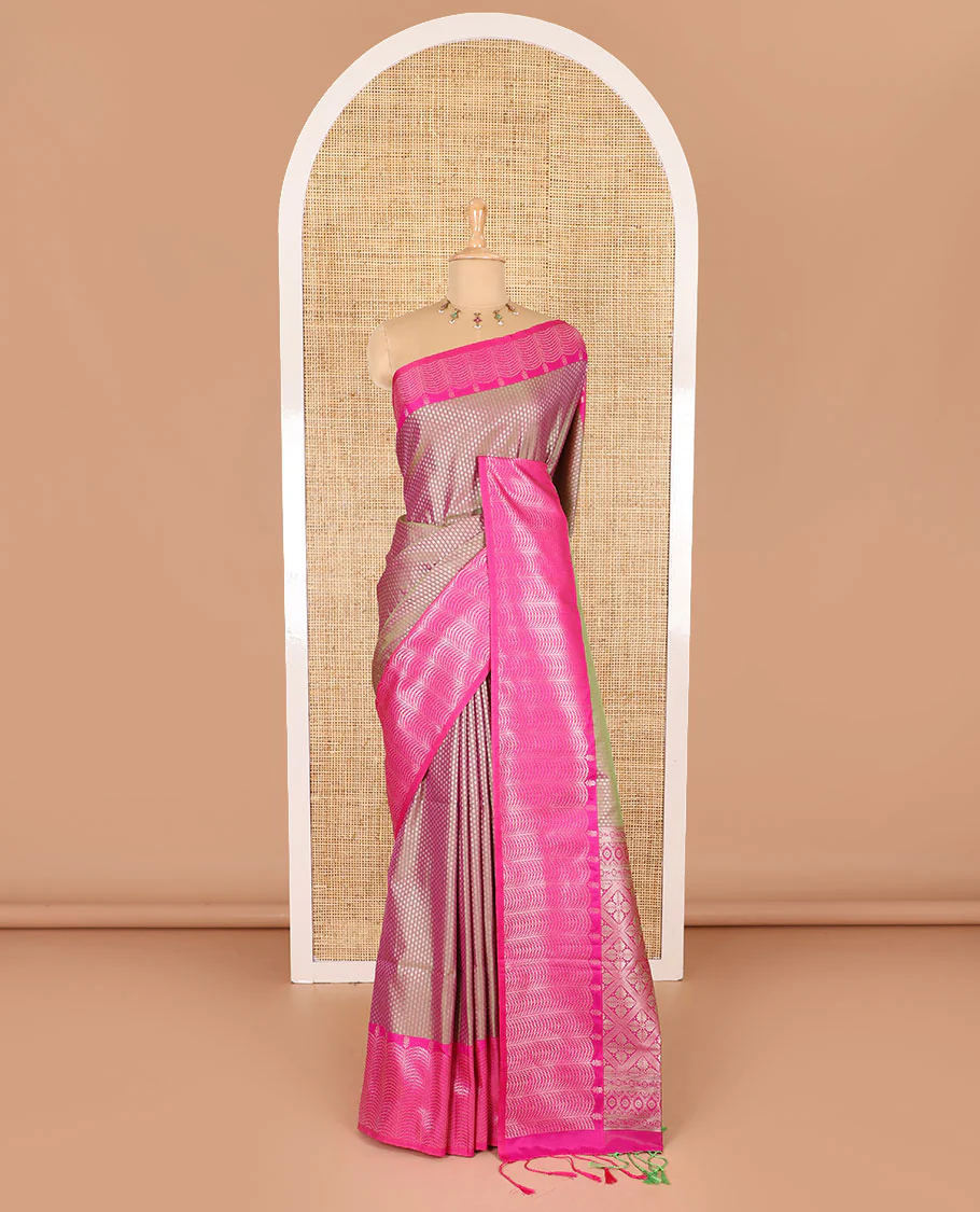 Sage green small zari buttas woven elite soft silk saree, contrast zari woven scallop satin border, jaal pallu, and a contrast chakram zari motifs blouse - Image 2
