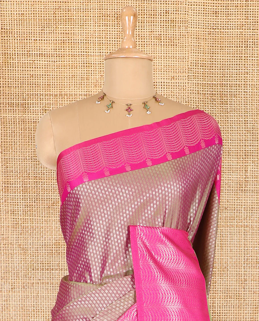 Sage green small zari buttas woven elite soft silk saree, contrast zari woven scallop satin border, jaal pallu, and a contrast chakram zari motifs blouse - Image 3