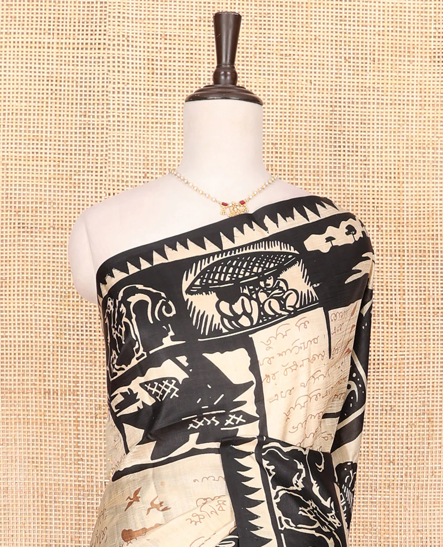 Sandal and black village-theme flora-fauna, and human motifs printed saree, temple border, and printed pallu - Image 2