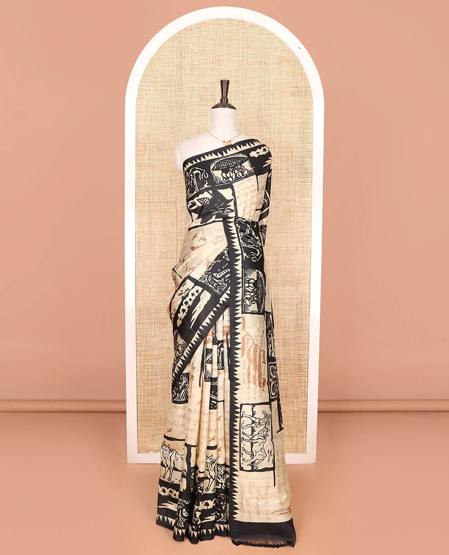 Sandal and black village-theme flora-fauna, and human motifs printed saree, temple border, and printed pallu - Image 3