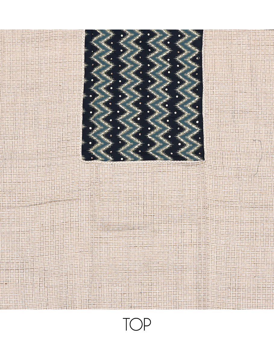 Sandal and blue material chudidar set, checks with neck ikkat embroidered top, plain bottom, and floral and chevron printed dupatta - Image 2