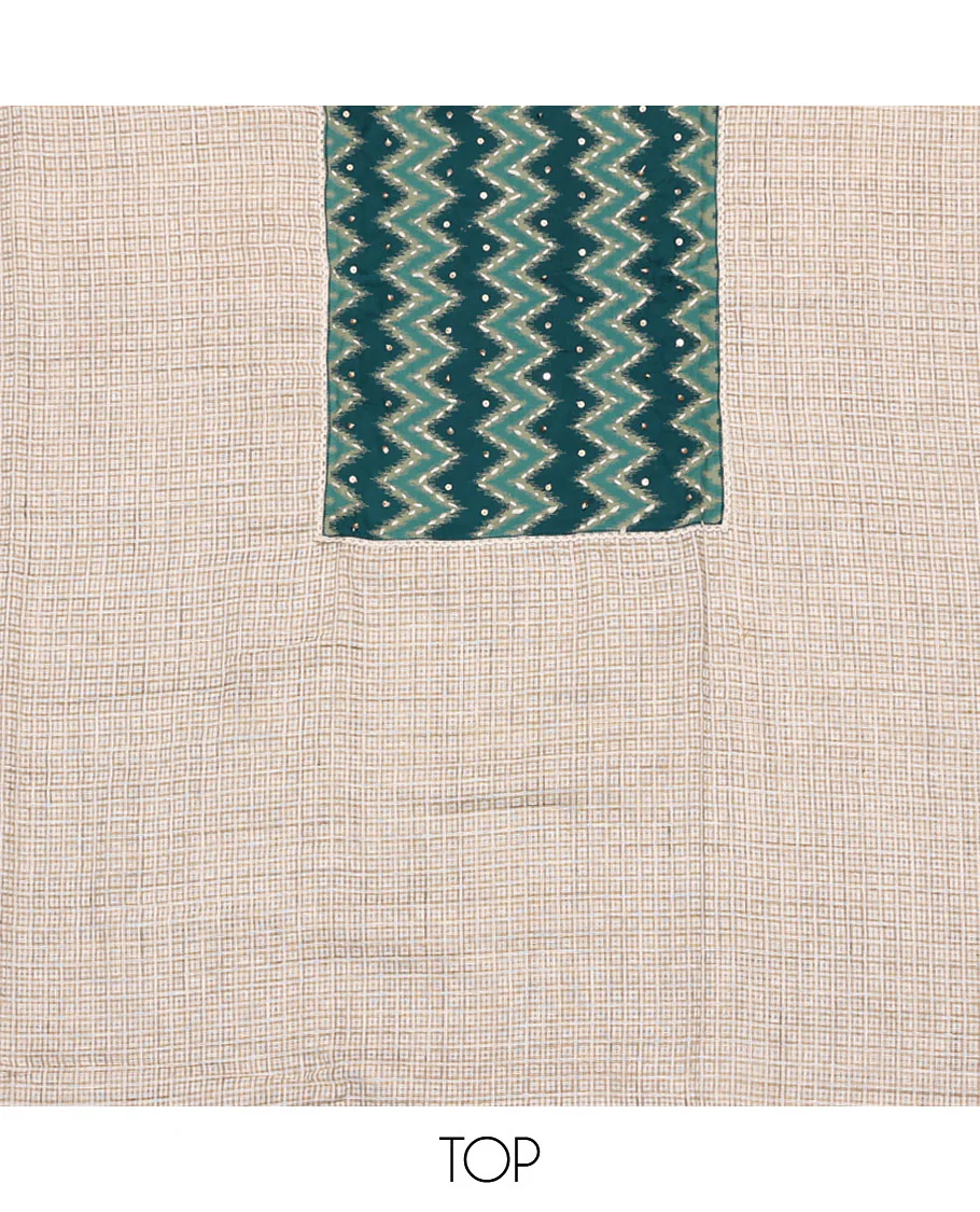 Sandal and peacock color material chudidar set, checks with neck ikkat embroidered top, plain bottom, and floral and chevron printed dupatta - Image 2