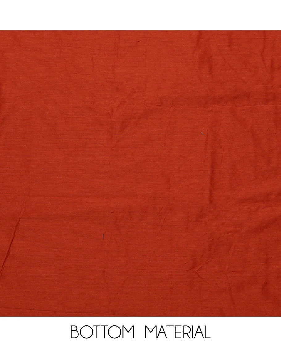 Sandal and red color material chudidar set, checks with neck ikkat embroidered top, plain bottom, and floral and chevron printed dupatta - Image 3
