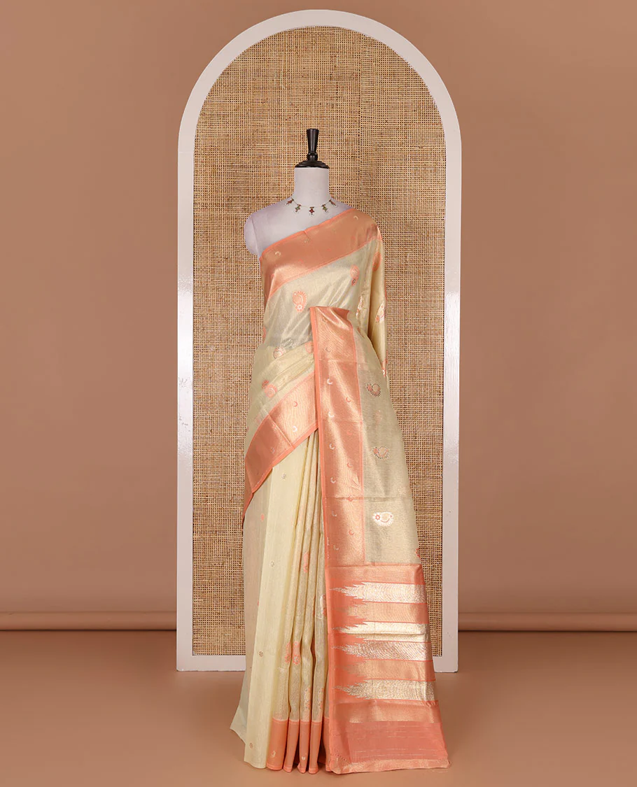 Sandal antique buttas tissue silk saree, contrast satin zari border of half-moon motifs, pallu of temple design pallu, and contrast butta blouse - Image 2