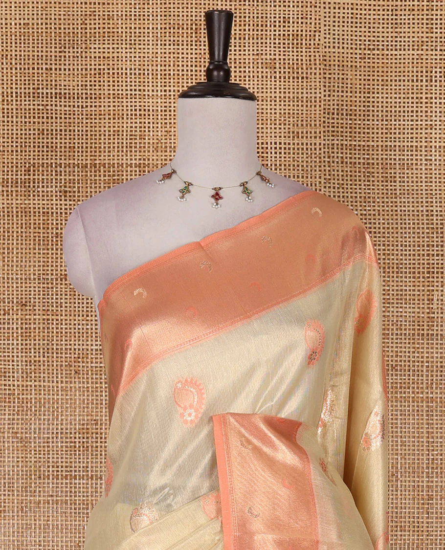 Sandal antique buttas tissue silk saree, contrast satin zari border of half-moon motifs, pallu of temple design pallu, and contrast butta blouse - Image 3