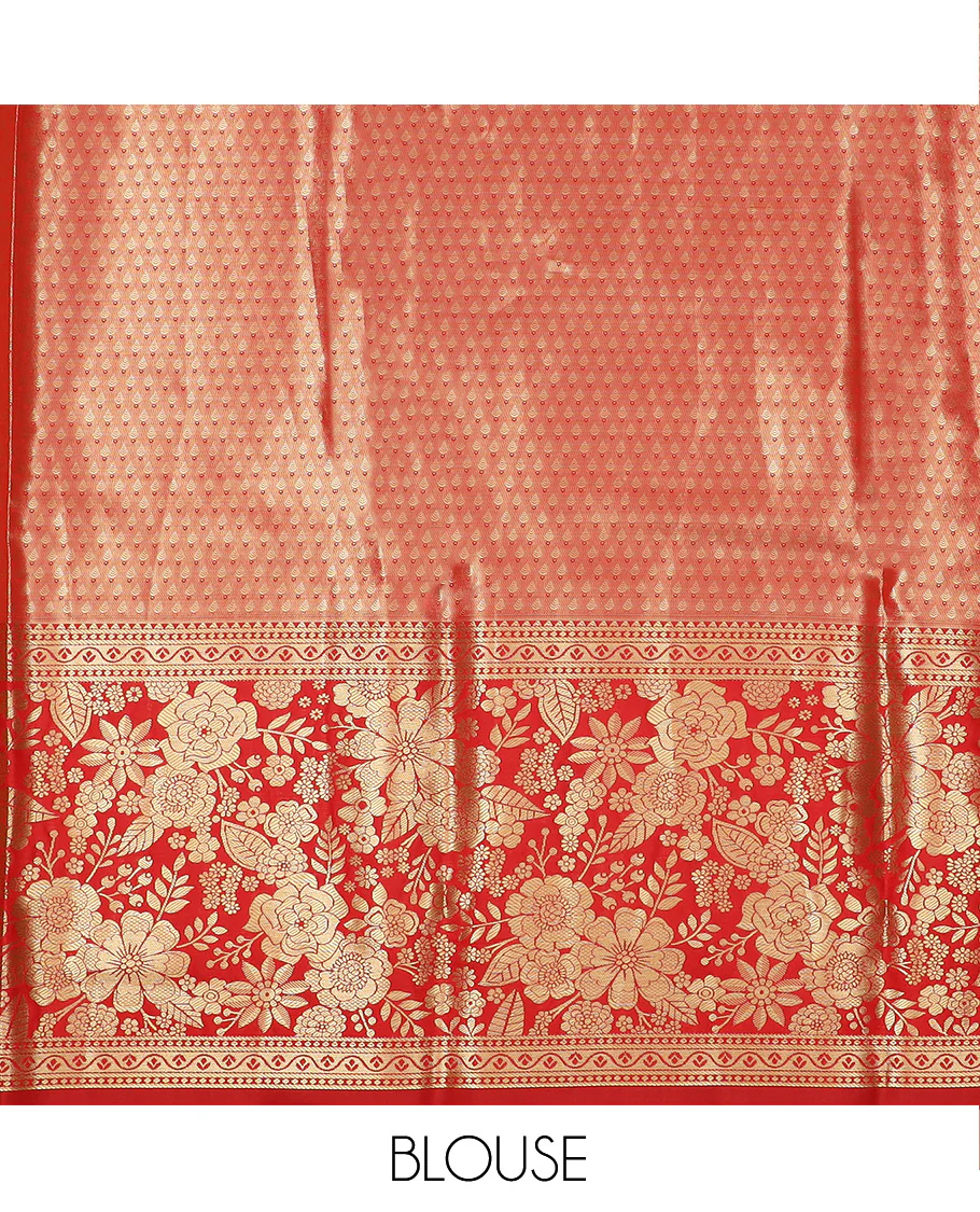 Sandal Art Silk Material Half Saree Set Featuring Jacquard Skirt, a Contrast Floral Zari Design Border, a Zari-Jacquard Blouse, and a Dhavani Graced with Zari Designs - Image 5