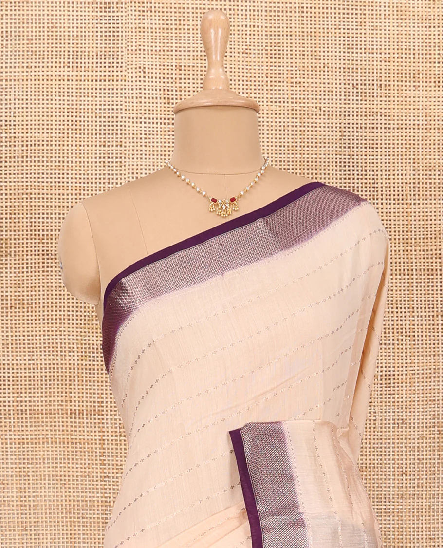 Sandal Assam Silk Saree Spotlighted with All-Over Buttas, Complemented by Contrast Traditional Zari Design Border, Pallu Elevated with Zari, and Paired with a Contrast Blouse - Image 3