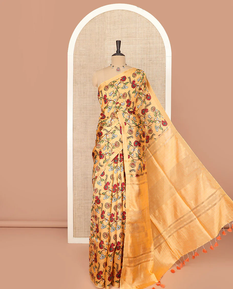 Sandal Banana Pith Saree Enriched with Floral Vine Print, Delicately Woven Zari Border, Gleaming Zari Pallu of Horizontal Stripes, and Paired with a Contrast Floral Printed Blouse