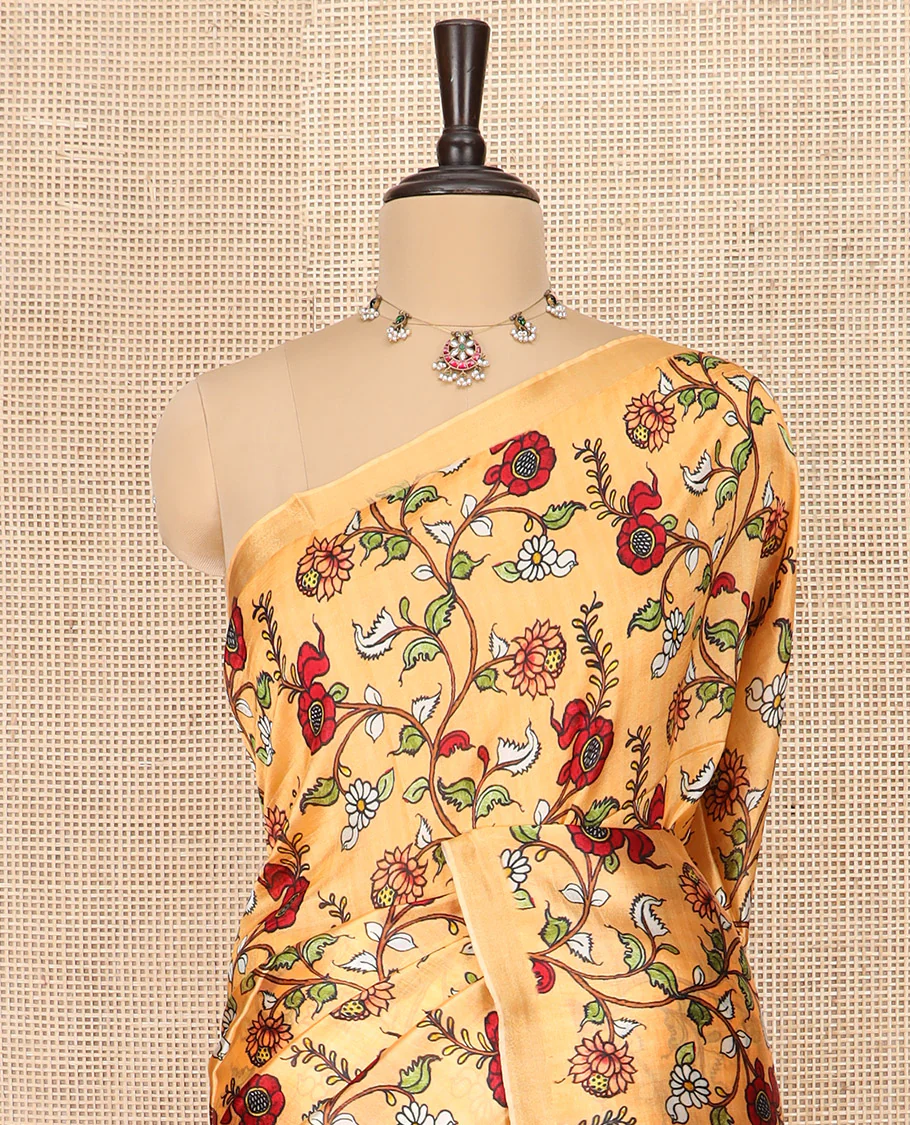 Sandal Banana Pith Saree Enriched with Floral Vine Print, Delicately Woven Zari Border, Gleaming Zari Pallu of Horizontal Stripes, and Paired with a Contrast Floral Printed Blouse - Image 2