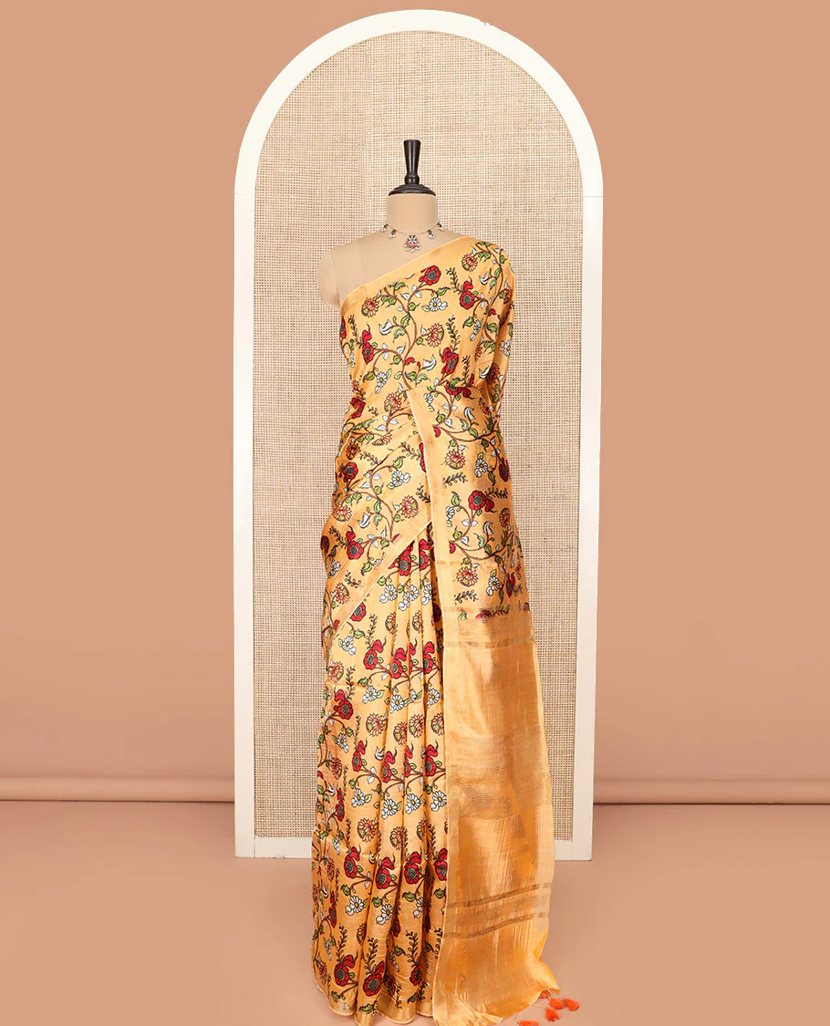 Sandal Banana Pith Saree Enriched with Floral Vine Print, Delicately Woven Zari Border, Gleaming Zari Pallu of Horizontal Stripes, and Paired with a Contrast Floral Printed Blouse - Image 3
