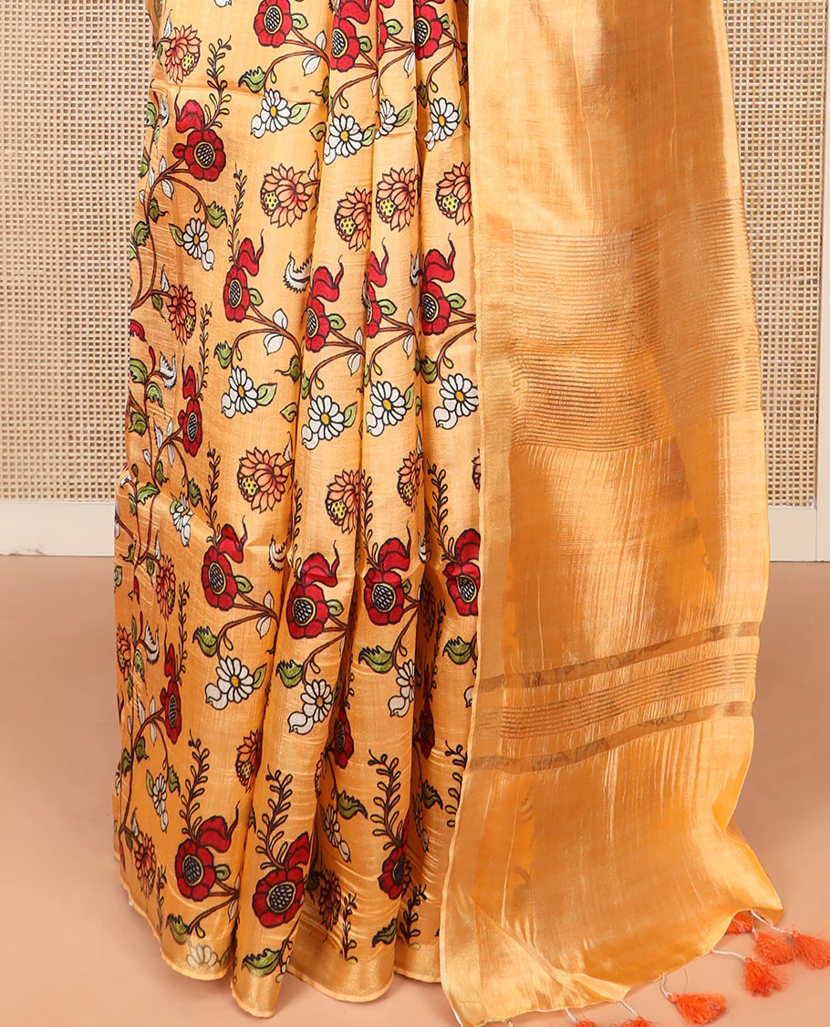 Sandal Banana Pith Saree Enriched with Floral Vine Print, Delicately Woven Zari Border, Gleaming Zari Pallu of Horizontal Stripes, and Paired with a Contrast Floral Printed Blouse - Image 4