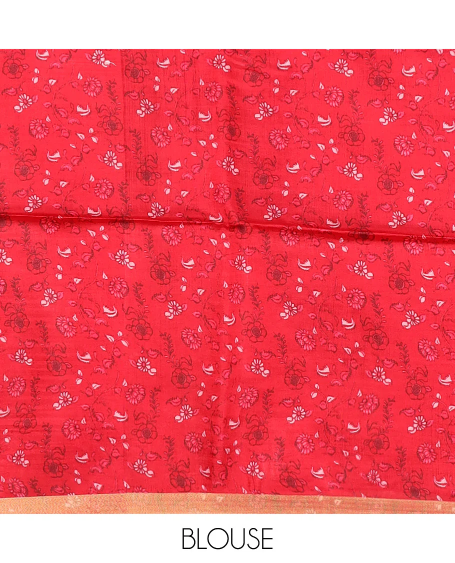 Sandal Banana Pith Saree Enriched with Floral Vine Print, Delicately Woven Zari Border, Gleaming Zari Pallu of Horizontal Stripes, and Paired with a Contrast Floral Printed Blouse - Image 5
