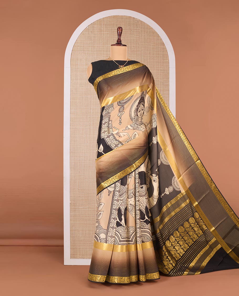 Sandal base kalamkari human motifs printed Mysore silk saree, contrast traditional zari border, and pallu of floral designs - Image 2