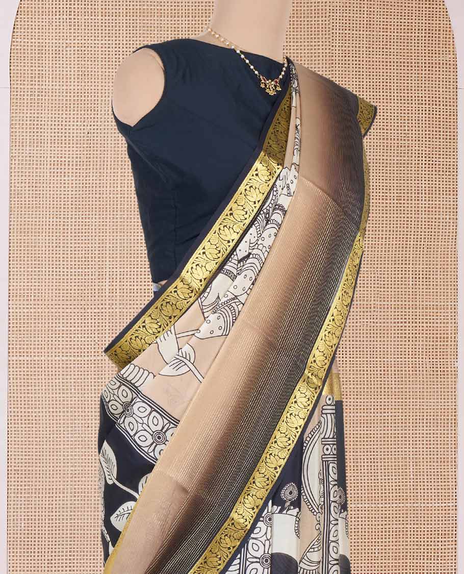 Sandal base kalamkari human motifs printed Mysore silk saree, contrast traditional zari border, and pallu of floral designs - Image 3