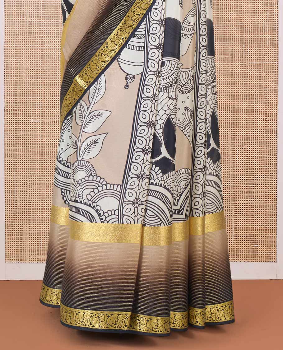 Sandal base kalamkari human motifs printed Mysore silk saree, contrast traditional zari border, and pallu of floral designs - Image 4