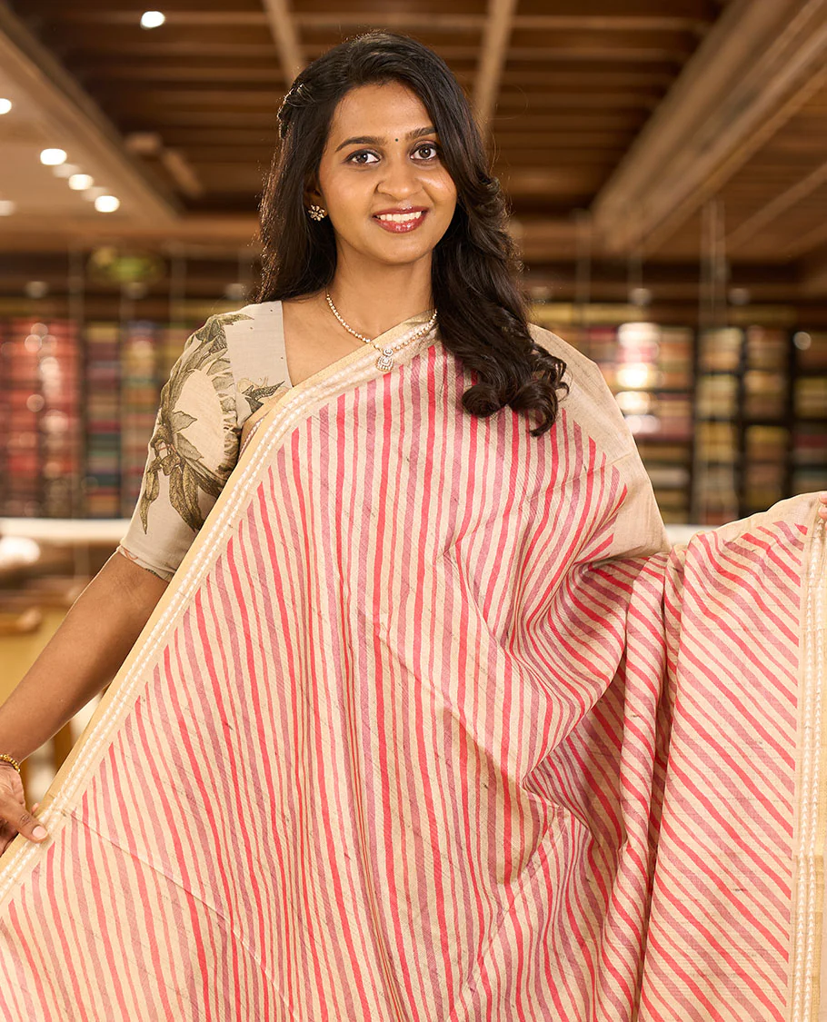 Pink lehariya-style striped semi-tussar saree, contrast resham thread triangle motifs border, diamond printed pallu & contrast printed blouse - Image 2