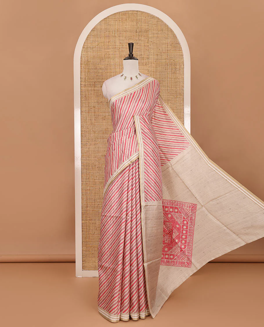 Pink lehariya-style striped semi-tussar saree, contrast resham thread triangle motifs border, diamond printed pallu & contrast printed blouse - Image 3