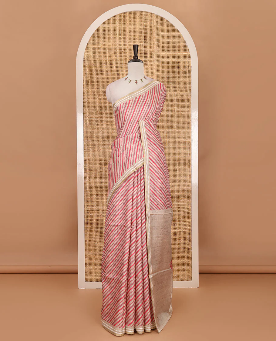 Pink lehariya-style striped semi-tussar saree, contrast resham thread triangle motifs border, diamond printed pallu & contrast printed blouse - Image 4