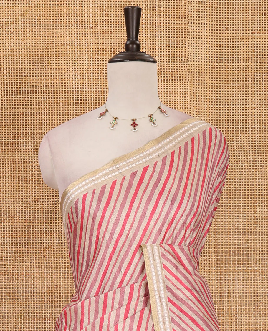Pink lehariya-style striped semi-tussar saree, contrast resham thread triangle motifs border, diamond printed pallu & contrast printed blouse - Image 5