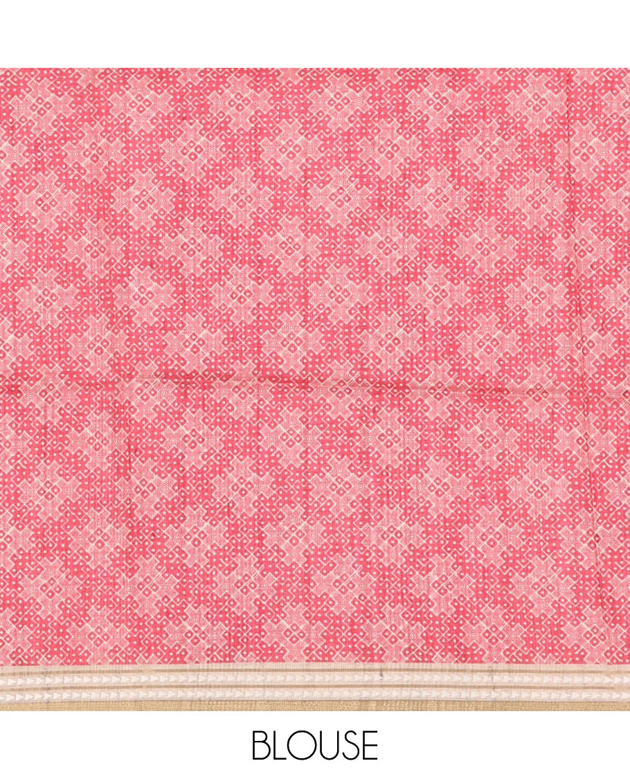Pink lehariya-style striped semi-tussar saree, contrast resham thread triangle motifs border, diamond printed pallu & contrast printed blouse - Image 6