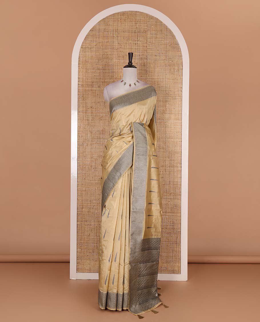 Sandal buttas woven semi-tussar saree, zari border, geometric patterned pallu, and a matching blouse - Image 2