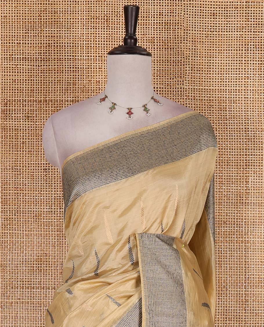 Sandal buttas woven semi-tussar saree, zari border, geometric patterned pallu, and a matching blouse - Image 3