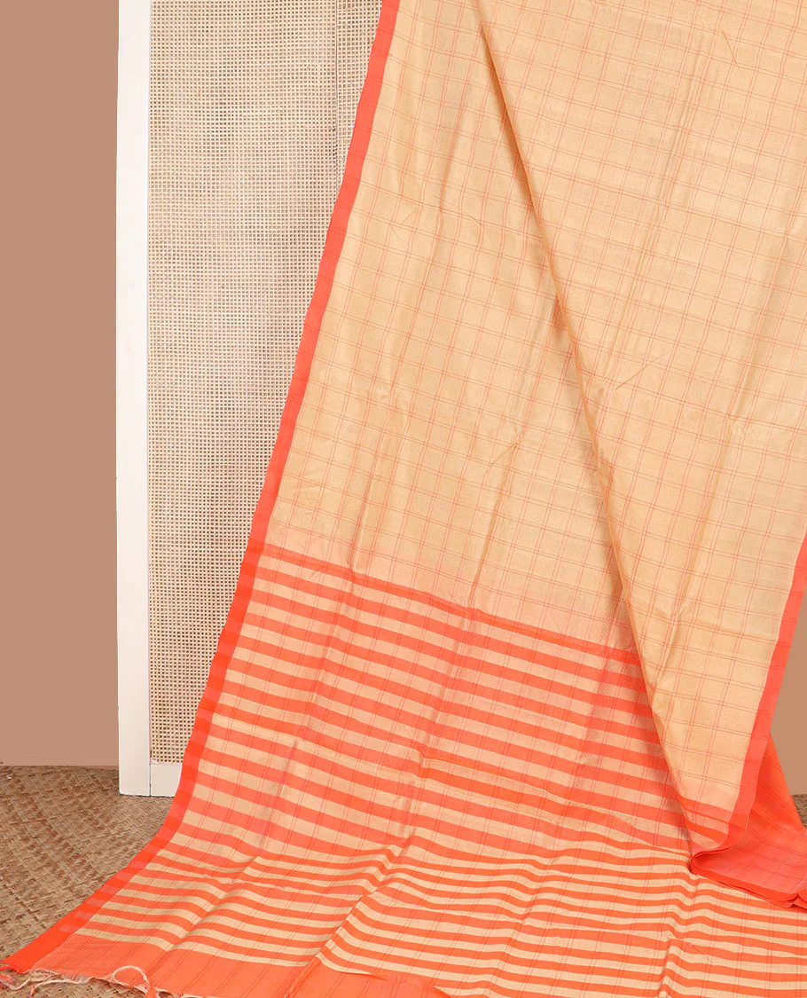 Sandal checked cotton saree, contrast plain border, and striped pallu - Image 2