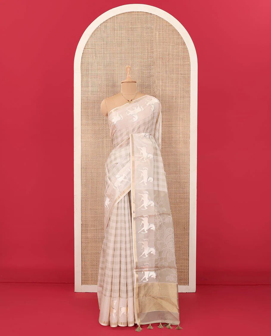 Sandal checked tussar saree, horse motifs embroidered piping border, and intricately printed pallu - Image 2