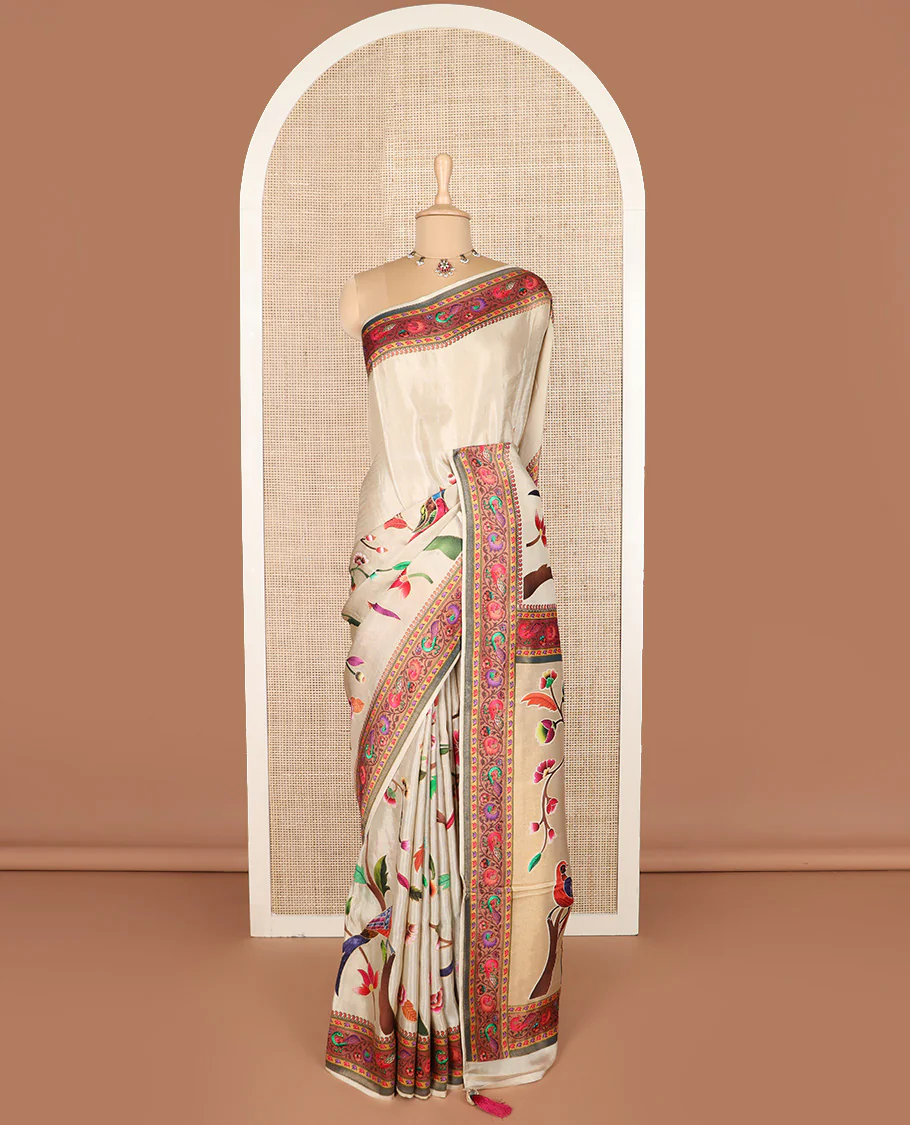 Sandal floral and birds digital printed dola silk saree, contrast printed border, and pallu of floral, and bird print - Image 2