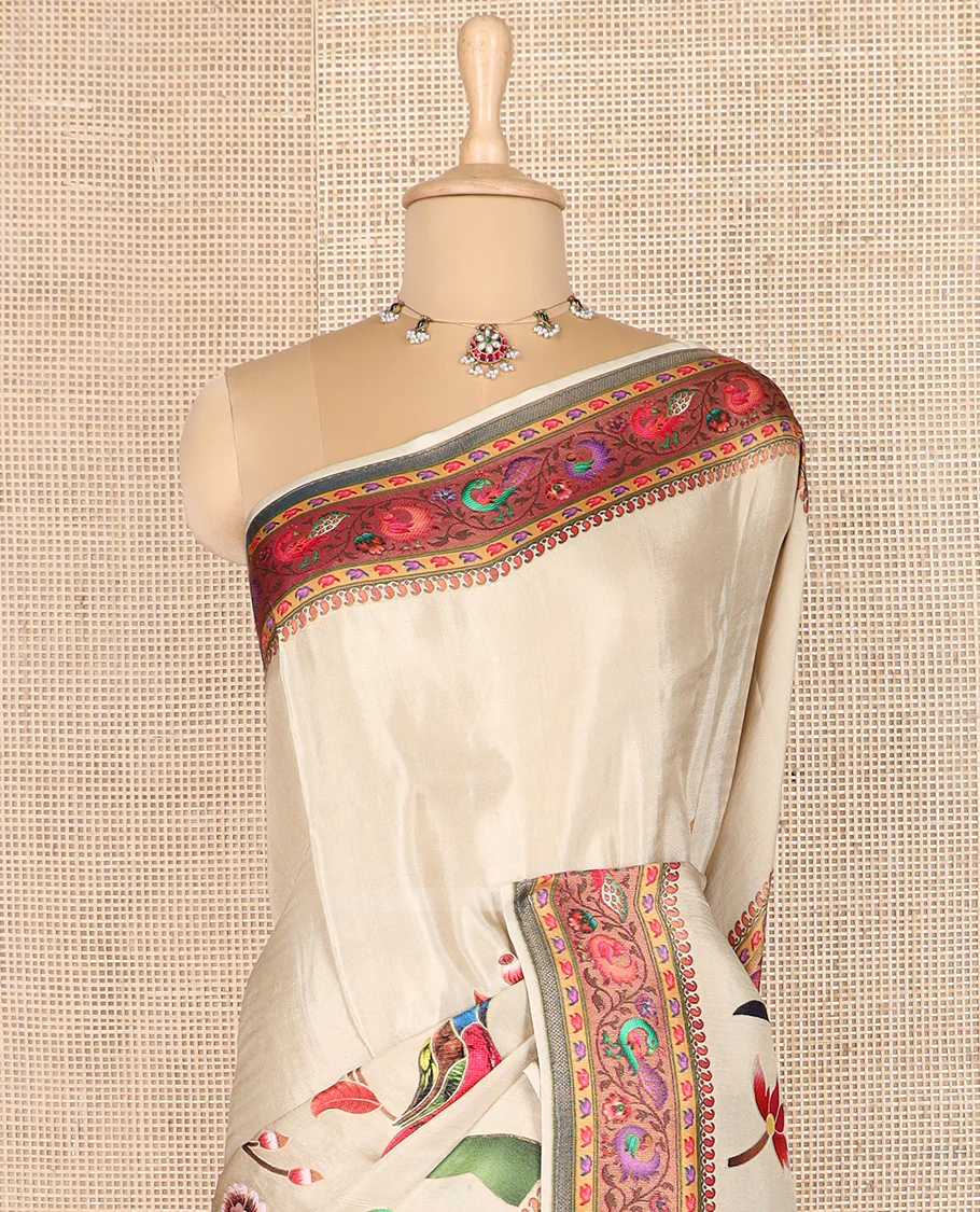 Sandal floral and birds digital printed dola silk saree, contrast printed border, and pallu of floral, and bird print - Image 3