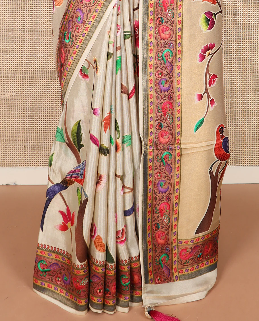 Sandal floral and birds digital printed dola silk saree, contrast printed border, and pallu of floral, and bird print - Image 4