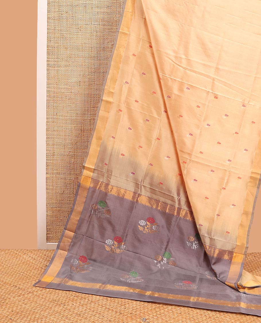 Sandal floral design uppada saree with contrast zari design border & floral design pallu - Image 2