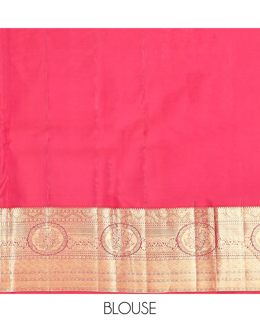 Sandal floral jaal jacquard Kanchipuram wedding silk saree, contrast border of thilakam mokku, rudraksham, diamond, and chakram motifs, and pallu steeped with chakram buttas - Image 6