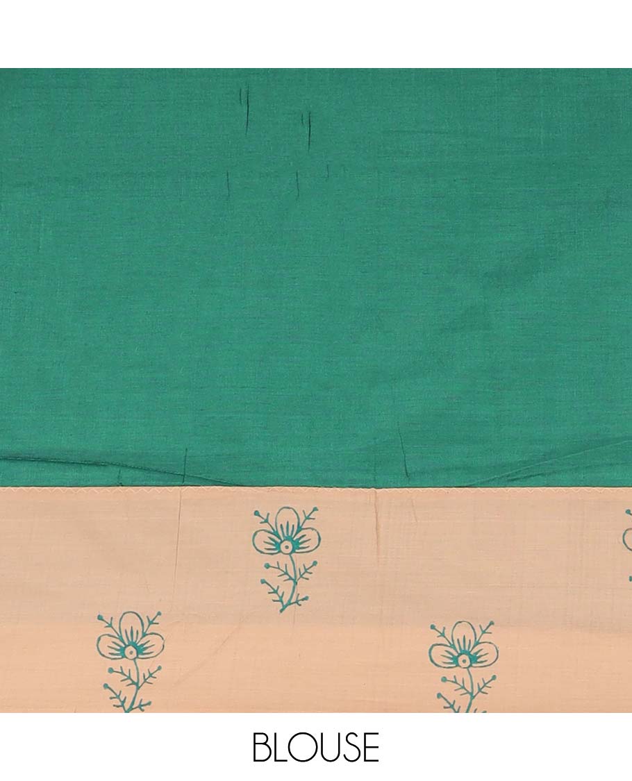 Sandal floral motifs printed poly cotton saree, contrast floral printed border, and pallu of wedding palanquin design - Image 3