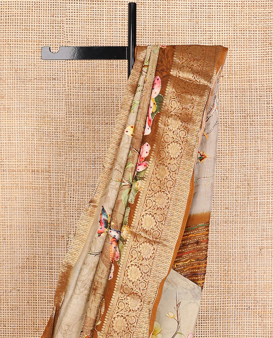 Sandal floral printed with with French knot embroidered dola silk saree, contrast traditional zari design border & French knot embroidered pallu - Image 3