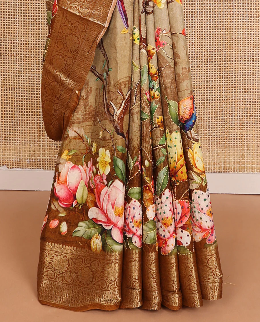Sandal floral printed with with French knot embroidered dola silk saree, contrast traditional zari design border & French knot embroidered pallu - Image 4